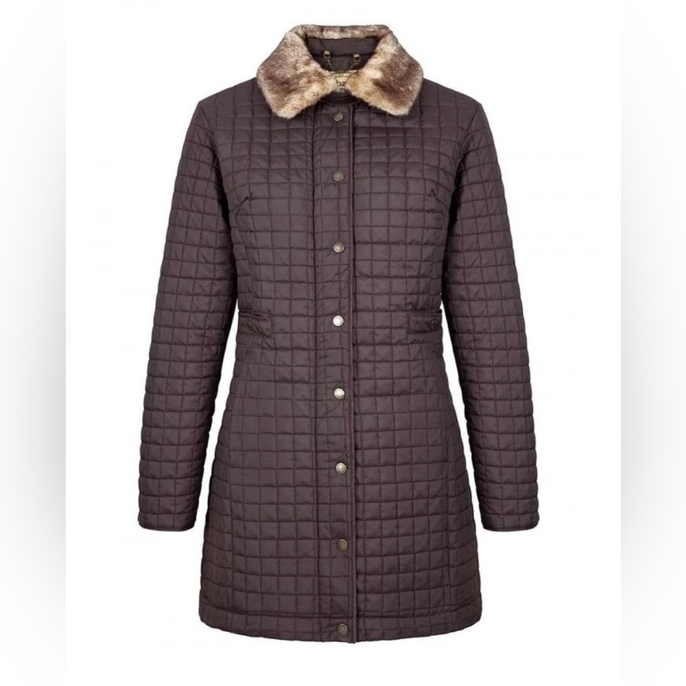 Dubarry of Ireland Quilted Faux Fur Collar Thigh Length Brown Jacket Size 4